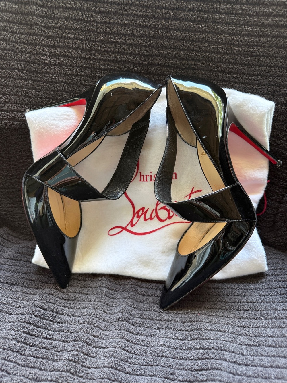 Christian Louboutin Black Patent Cross-Strap Pointed Pumps with Red Sole